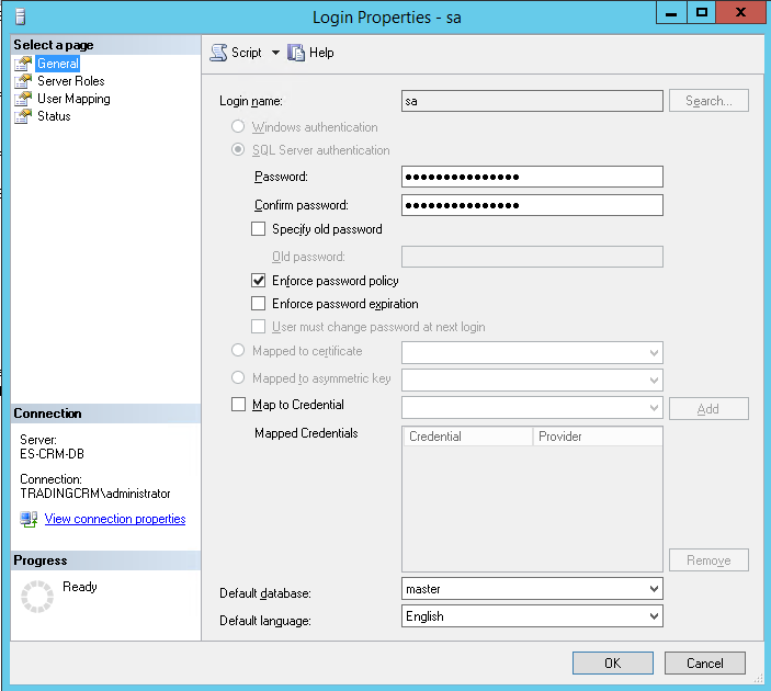 SQL Server Login Properties Default database